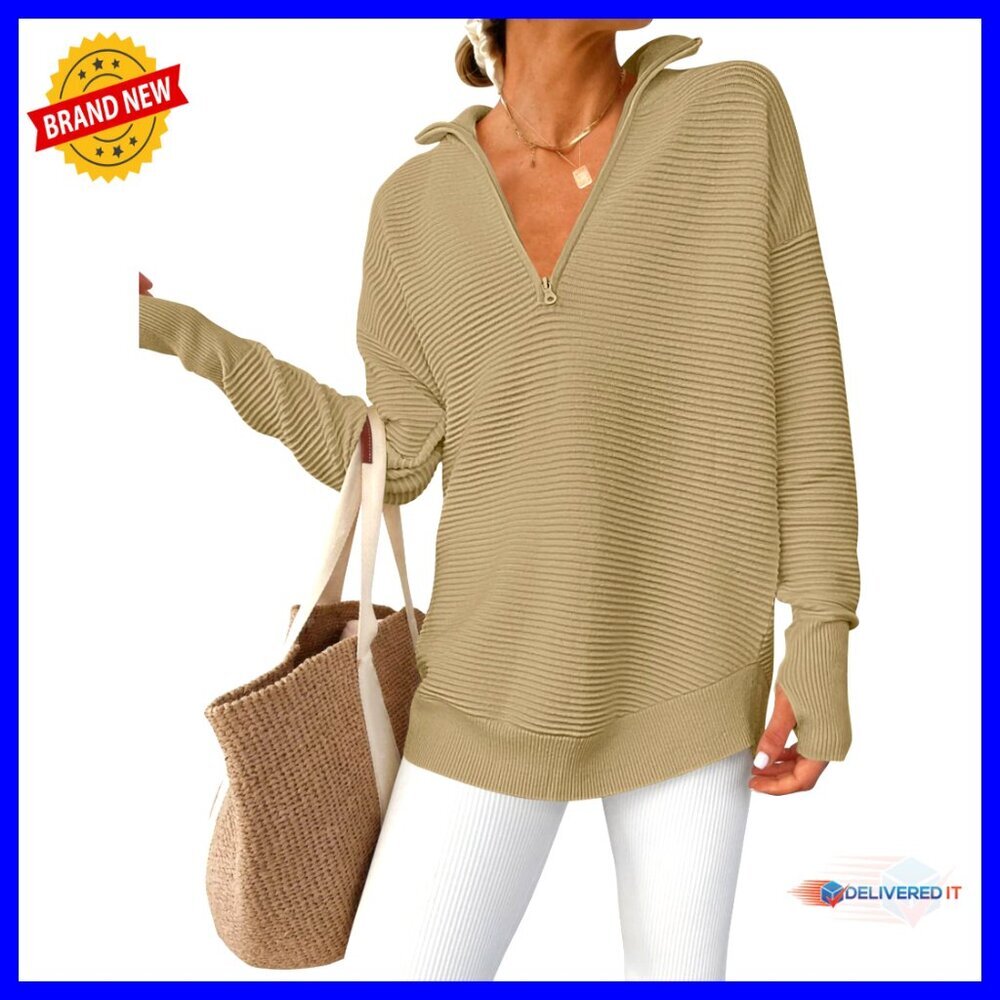 Long Sleeve Quarter Zip Pullover Ribbed Knit Loose Fit Preppy Casual Thumb Hole
